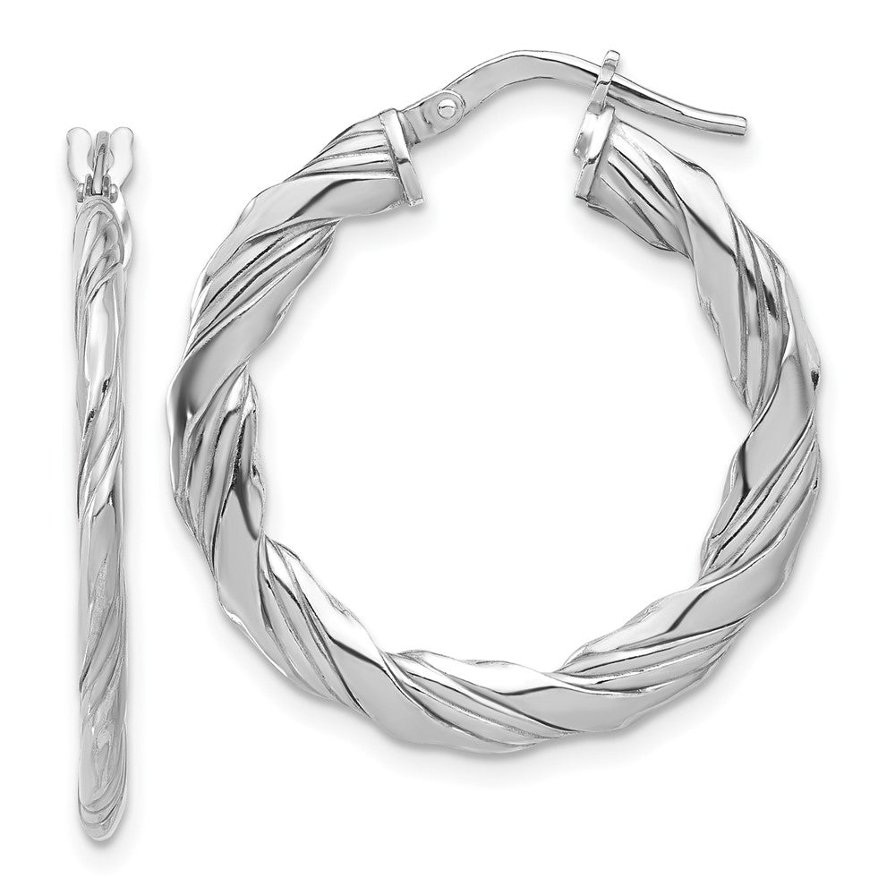 Sterling Silver Rhodium Plated Polished and Textured Twisted Hoop Earrings