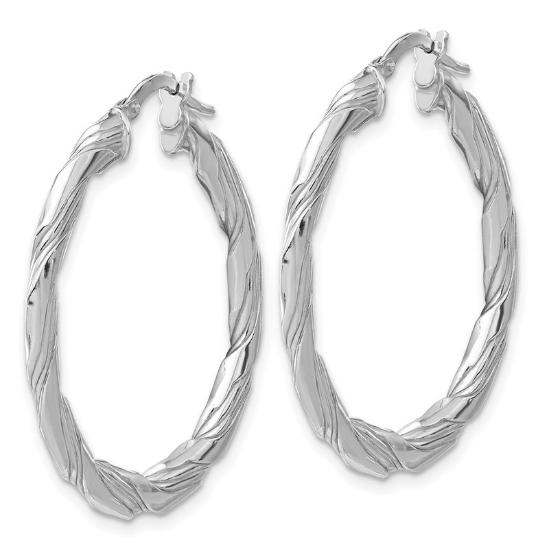 Sterling Silver Rhodium Plated Polished and Textured Twisted Hoop Earrings