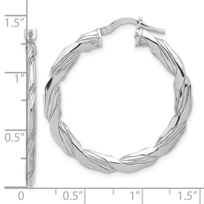 Sterling Silver Rhodium Plated Polished and Textured Twisted Hoop Earrings