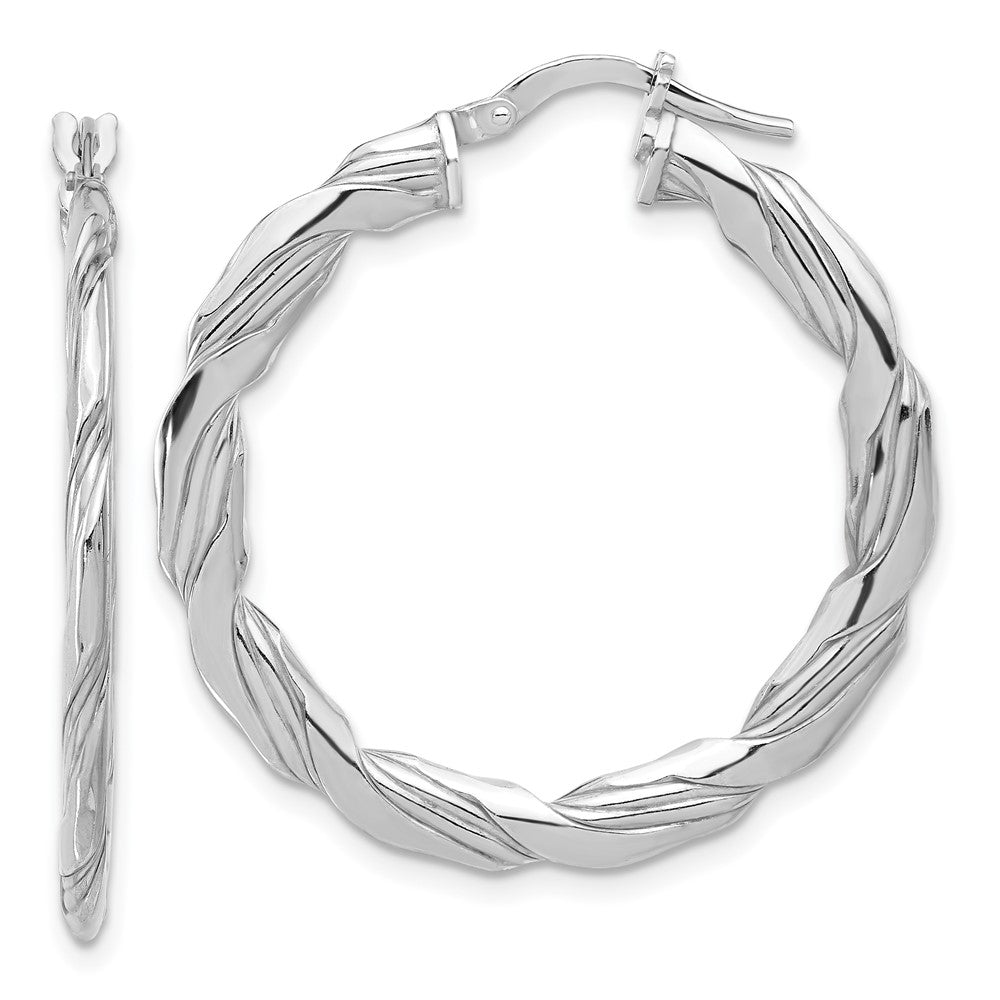 Sterling Silver Rhodium Plated Polished and Textured Twisted Hoop Earrings