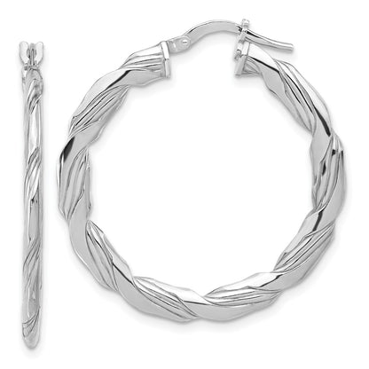 Sterling Silver Rhodium Plated Polished and Textured Twisted Hoop Earrings