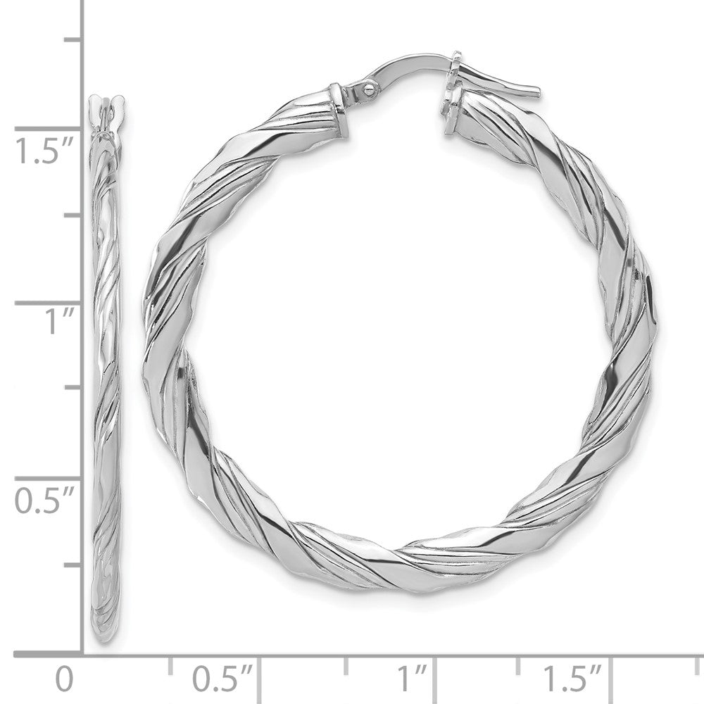 Sterling Silver Rhodium Plated Polished and Textured Twisted Hoop Earrings