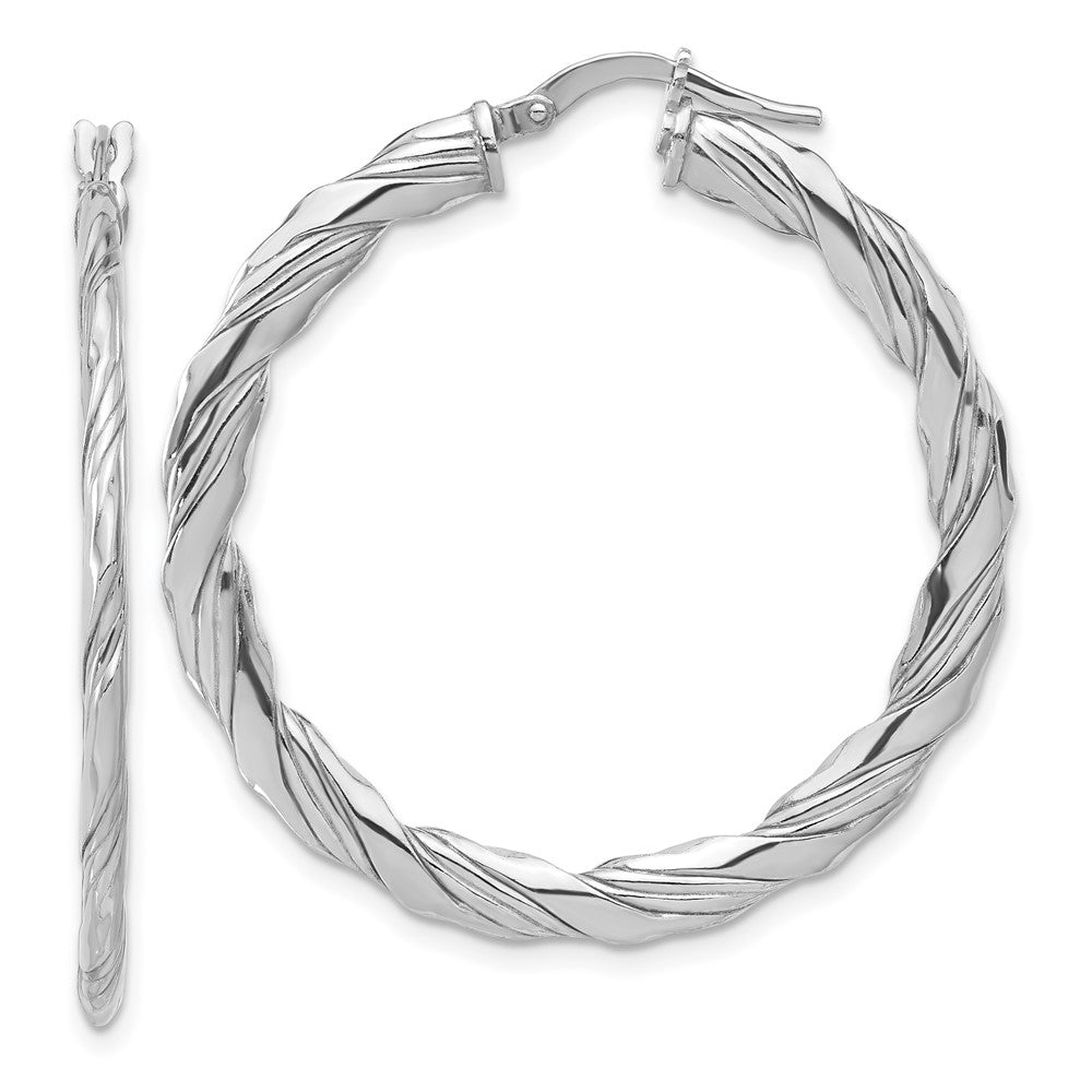 Sterling Silver Rhodium Plated Polished and Textured Twisted Hoop Earrings