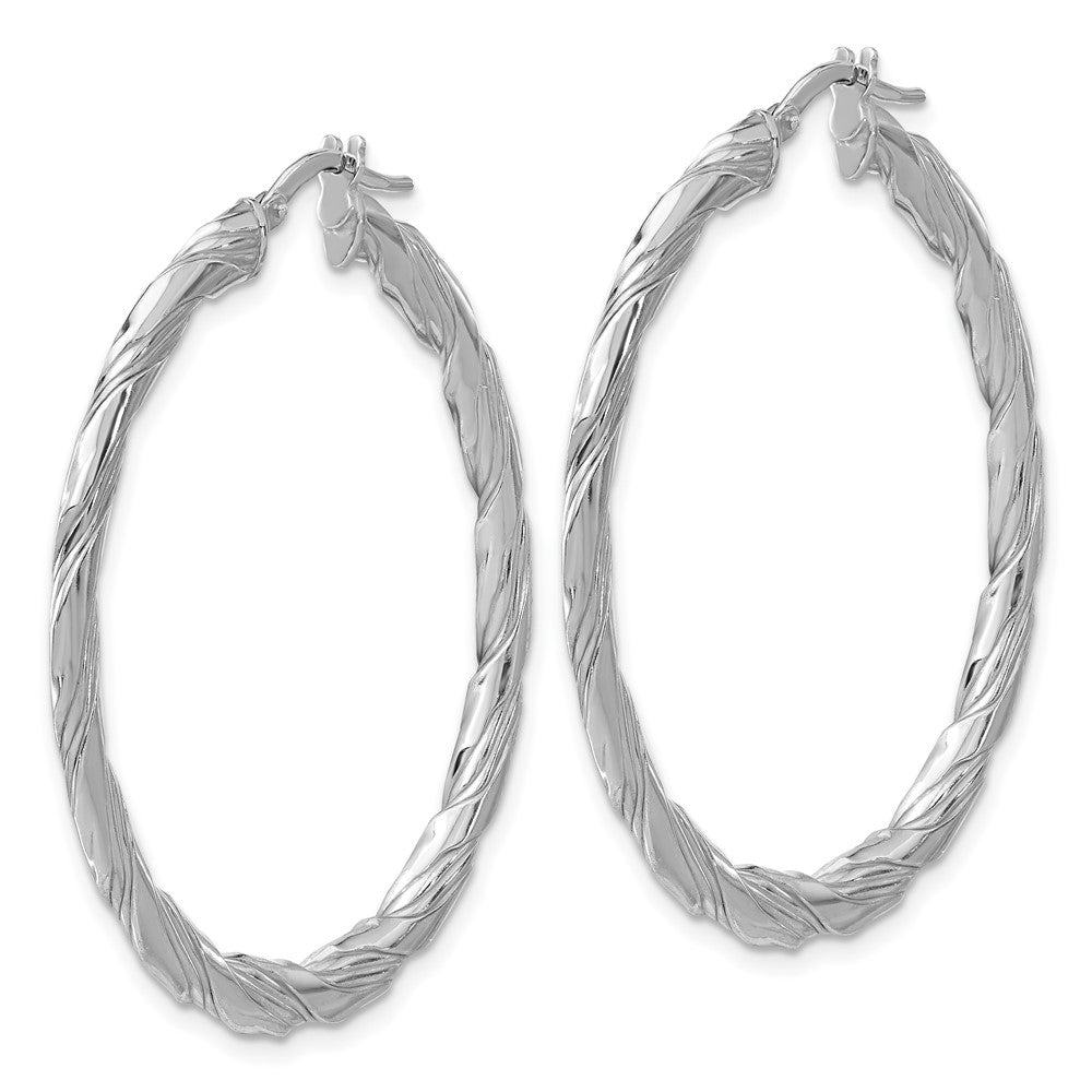 Sterling Silver Rhodium Plated Polished and Textured Twisted Hoop Earrings