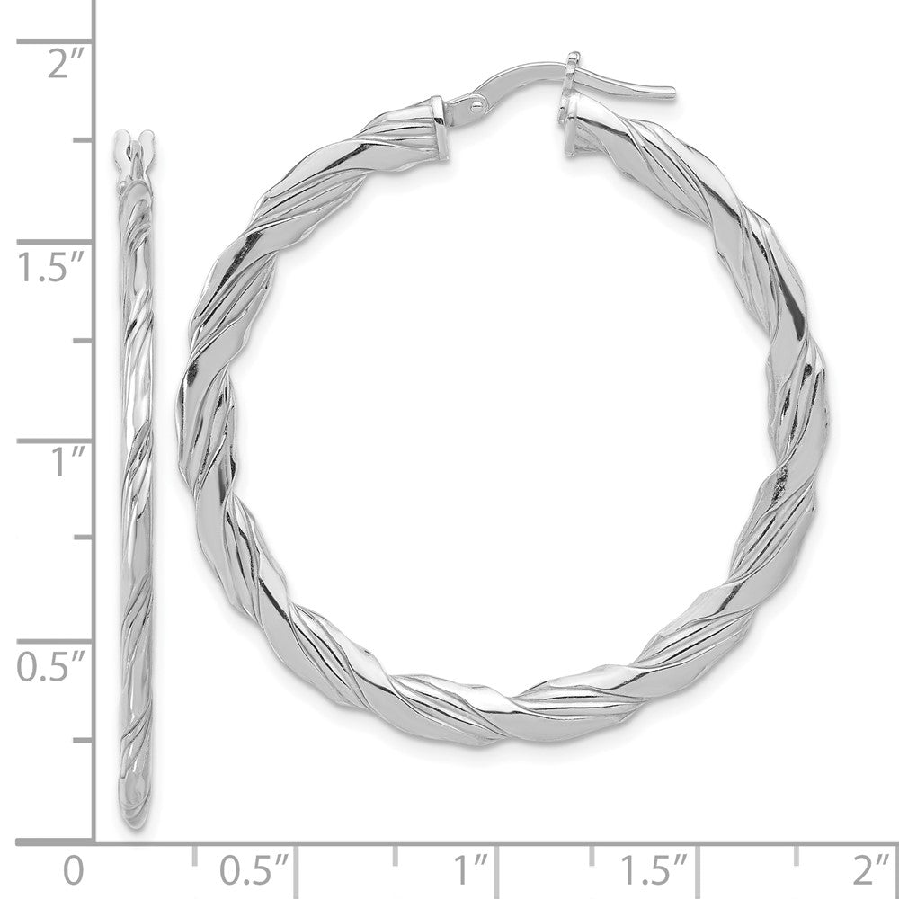 Sterling Silver Rhodium Plated Polished and Textured Twisted Hoop Earrings