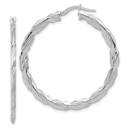 Sterling Silver Rhodium Plated Polished and Textured Twisted Hoop Earrings