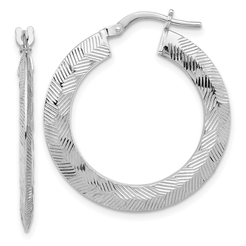 Sterling Silver Rhodium-Plated D/c Knife Edge Round Hoop Earrings