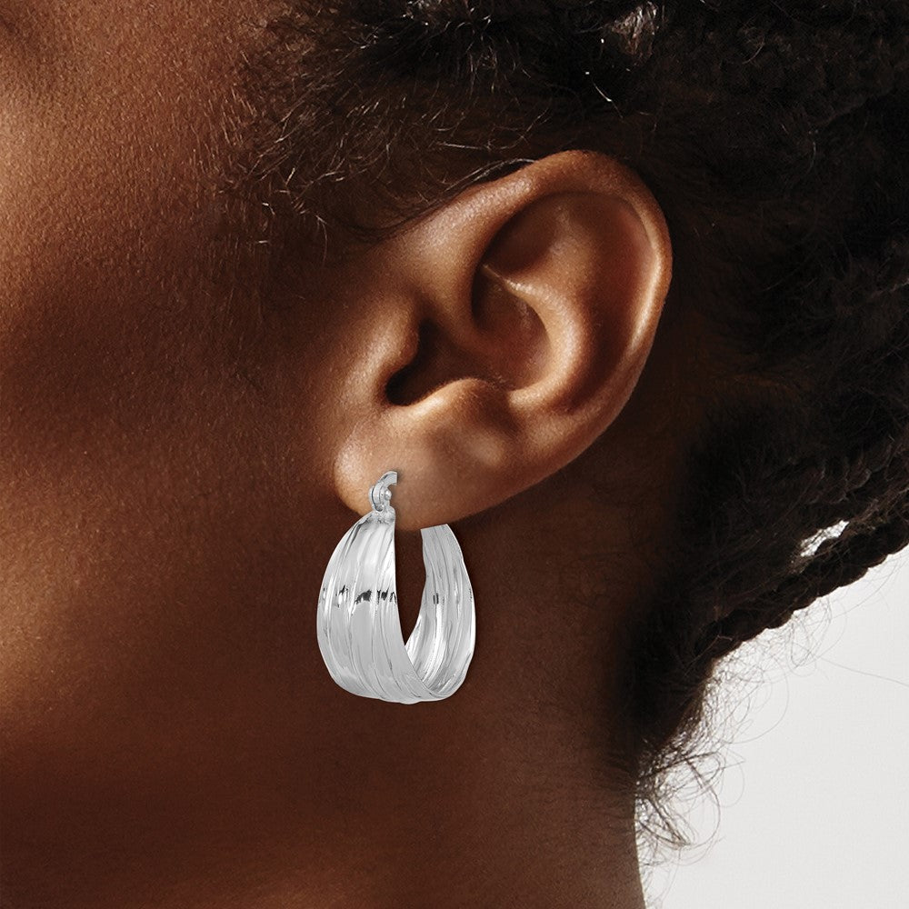 Sterling Silver Rhodium Plated Textured and Tapered Sm Round Hoop Earrings