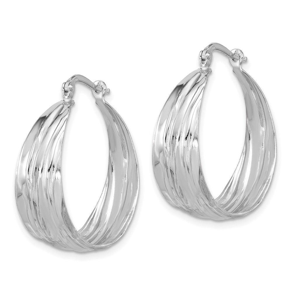 Sterling Silver Rhodium Plated Textured and Tapered Med Round Hoop Earrings