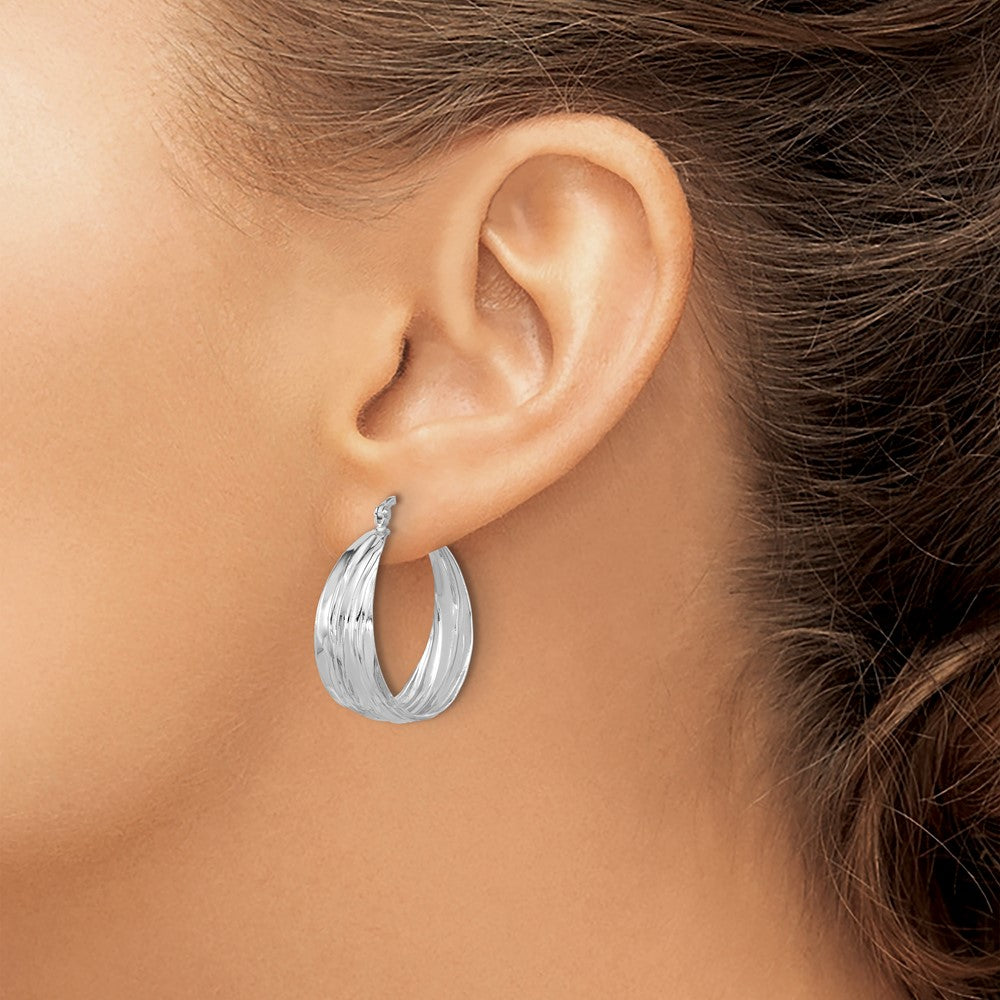 Sterling Silver Rhodium Plated Textured and Tapered Med Round Hoop Earrings