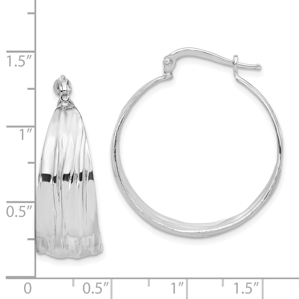 Sterling Silver Rhodium Plated Textured and Tapered Med Round Hoop Earrings