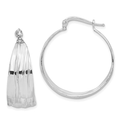 Sterling Silver Rhodium Plated Textured and Tapered Med Round Hoop Earrings