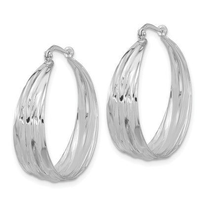 Sterling Silver Rhodium Plated Textured and Tapered Lg Round Hoop Earrings