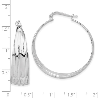 Sterling Silver Rhodium Plated Textured and Tapered Lg Round Hoop Earrings