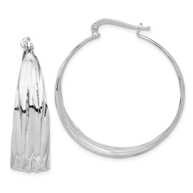 Sterling Silver Rhodium Plated Textured and Tapered Lg Round Hoop Earrings
