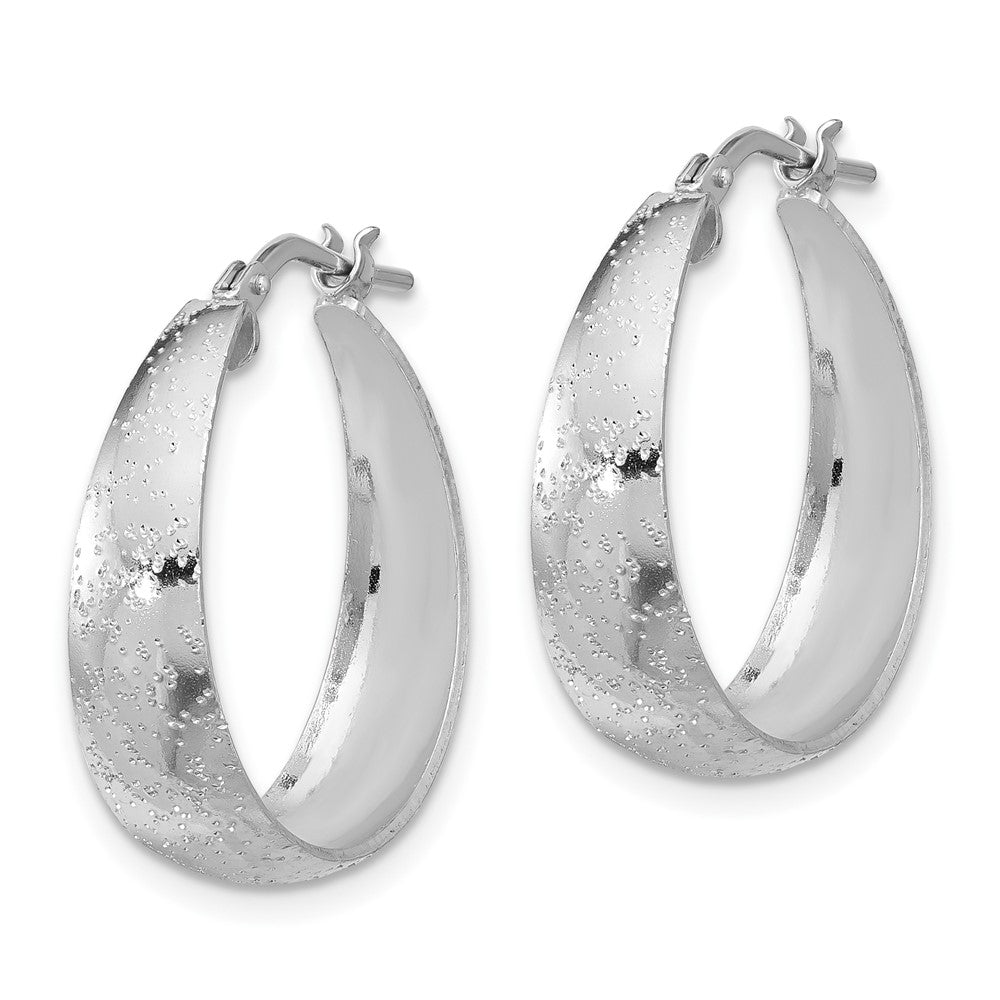 Sterling Silver Rhodium Plated Sparkle Texture Tapered Round Hoop Earrings