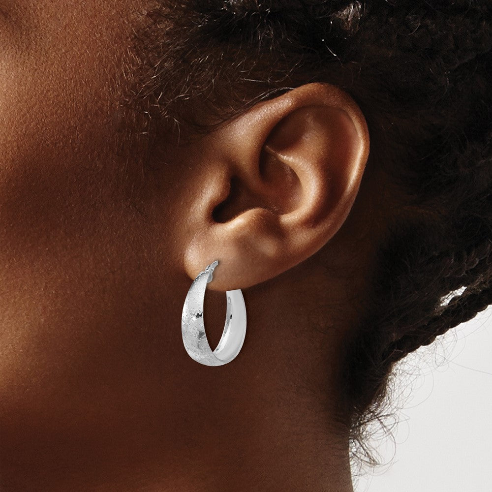 Sterling Silver Rhodium Plated Sparkle Texture Tapered Round Hoop Earrings