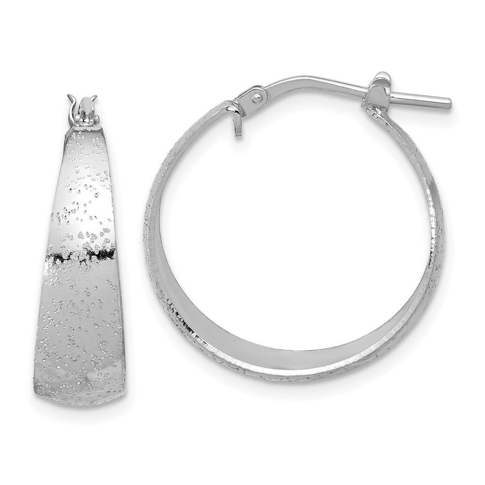 Sterling Silver Rhodium Plated Sparkle Texture Tapered Round Hoop Earrings