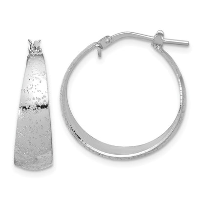 Sterling Silver Rhodium Plated Sparkle Texture Tapered Round Hoop Earrings