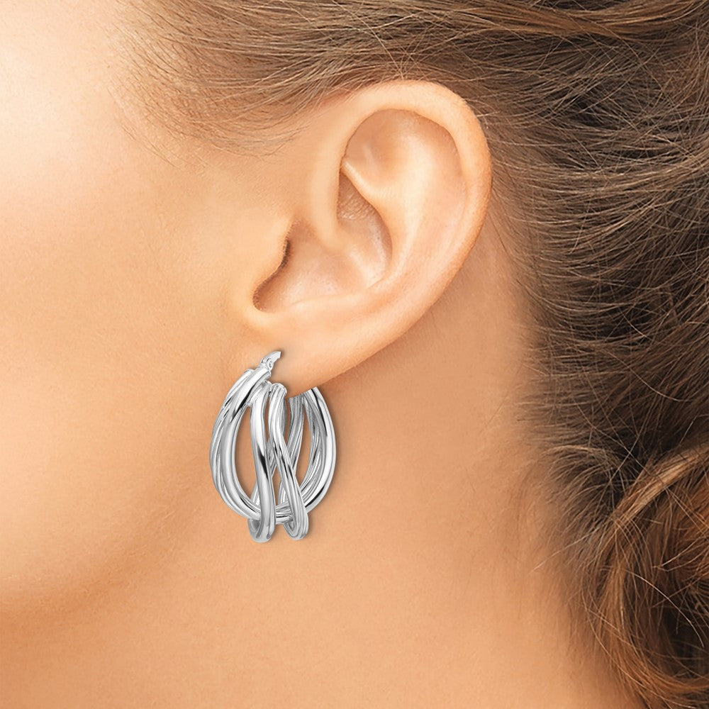 Sterling Silver Rhodium Plated Polished and Twisted Fancy Oval Hoop Earrings