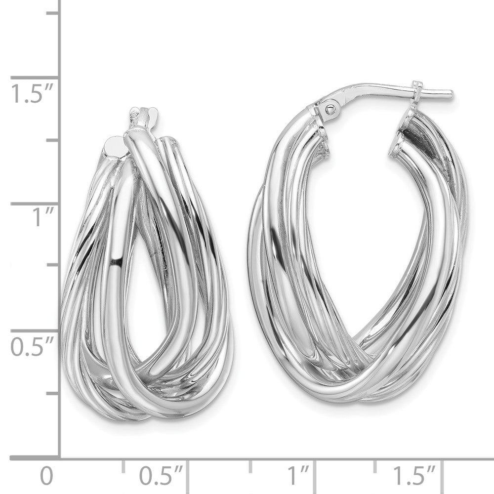Sterling Silver Rhodium Plated Polished and Twisted Fancy Oval Hoop Earrings