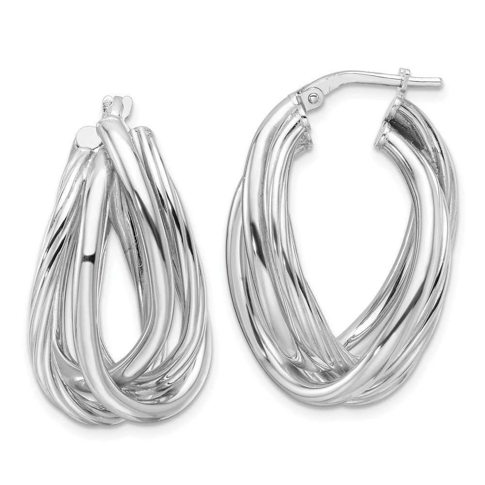 Sterling Silver Rhodium Plated Polished and Twisted Fancy Oval Hoop Earrings