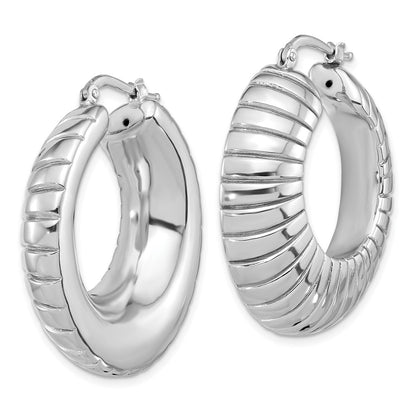 Sterling Silver Rhodium Plated Polished and Striped Large Round Hoop Earrings
