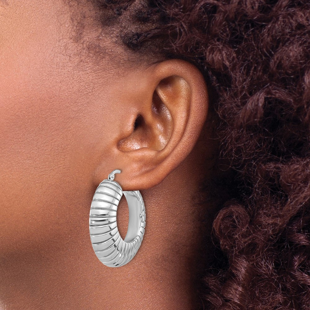 Sterling Silver Rhodium Plated Polished and Striped Large Round Hoop Earrings
