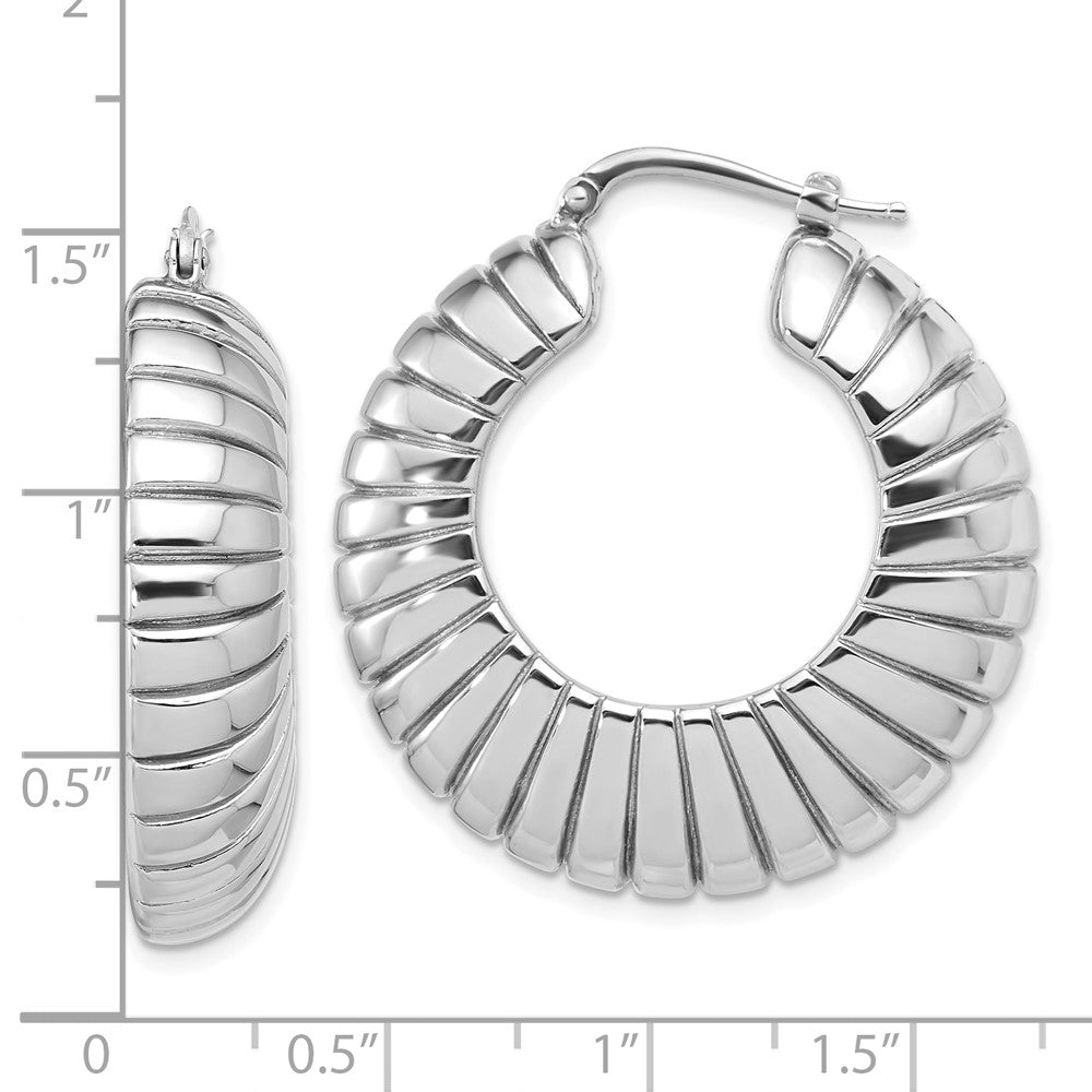 Sterling Silver Rhodium Plated Polished and Striped Large Round Hoop Earrings