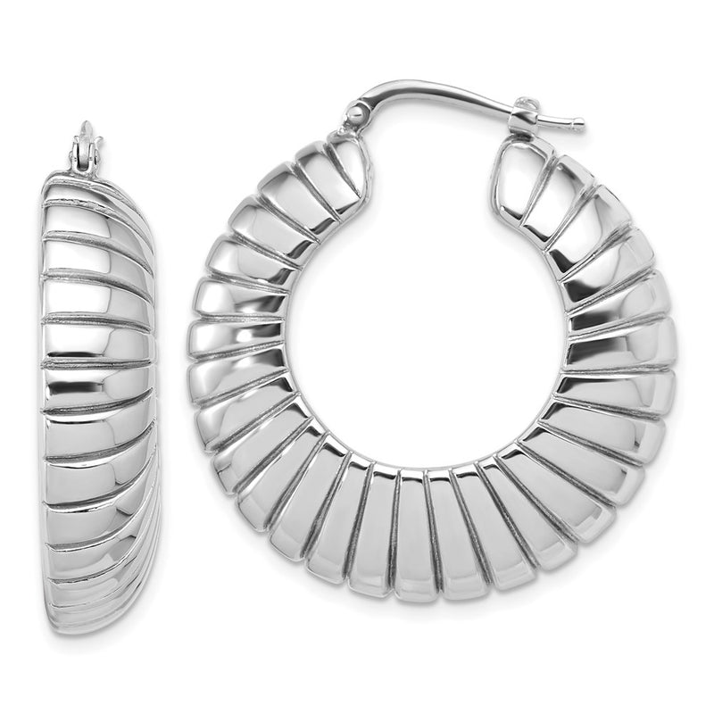 Sterling Silver Rhodium Plated Polished and Striped Large Round Hoop Earrings