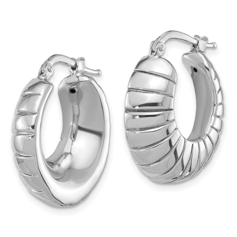 Sterling Silver Rhodium Plated Polished & Striped Small Round Hoop Earrings