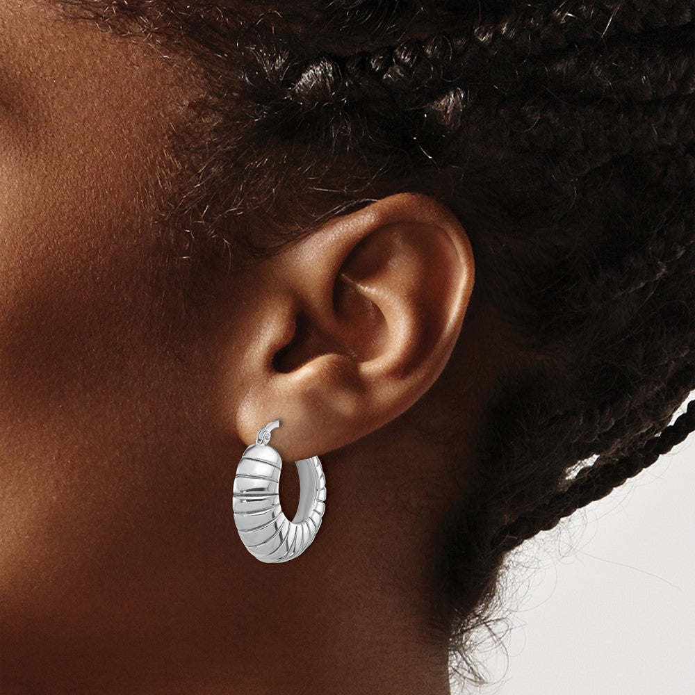 Sterling Silver Rhodium Plated Polished & Striped Small Round Hoop Earrings