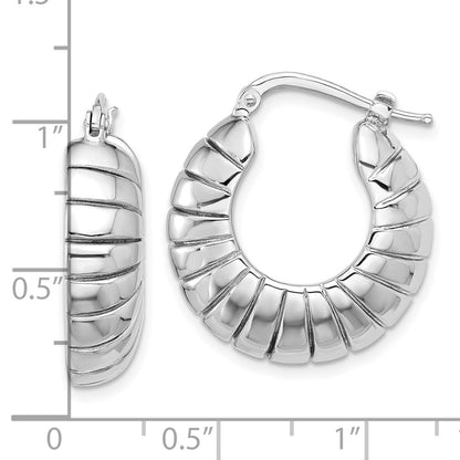 Sterling Silver Rhodium Plated Polished & Striped Small Round Hoop Earrings