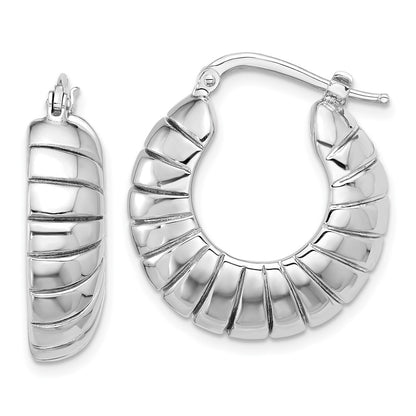 Sterling Silver Rhodium Plated Polished & Striped Small Round Hoop Earrings
