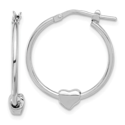 Sterling Silver Rhodium Plated Polished Heart Large Round Hoop Earrings