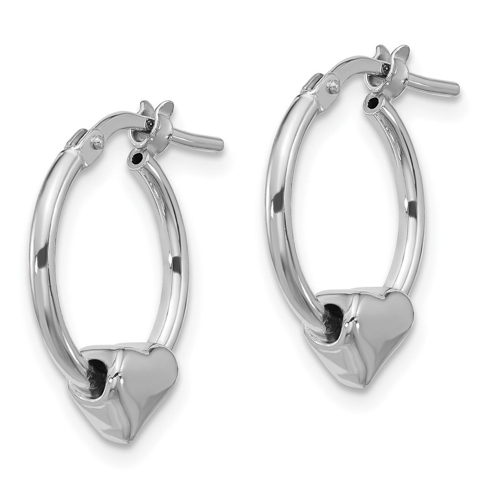 Sterling Silver Rhodium Plated Polished Heart Small Round Hoop Earrings