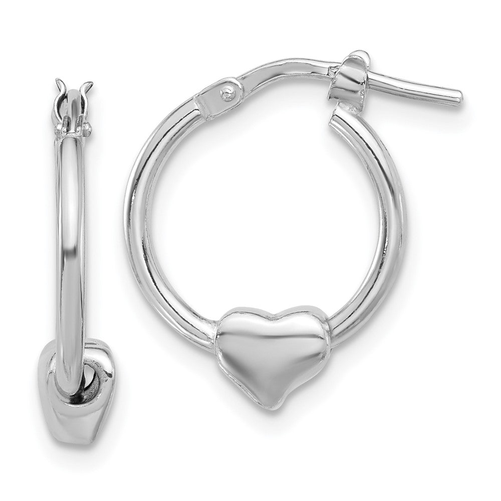 Sterling Silver Rhodium Plated Polished Heart Small Round Hoop Earrings