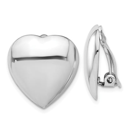 Sterling Silver Rhodium Plated Polished Heart Clip Non-Pierced Earrings