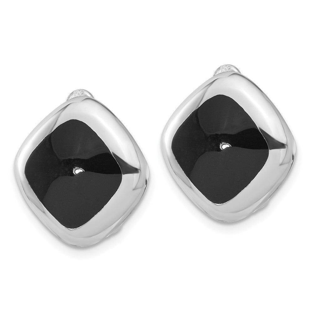 Sterling Silver Rhodium Plated Black Onyx Square Non-Pierced Earrings