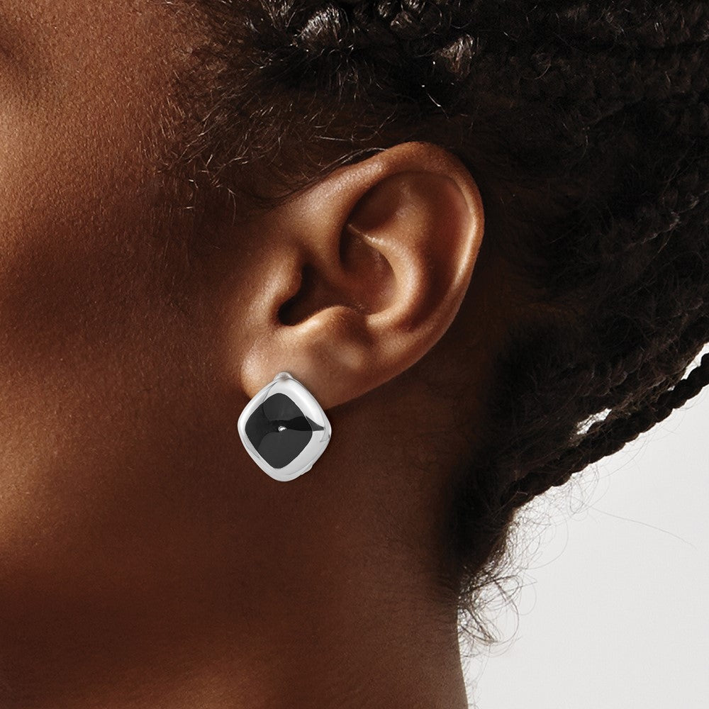 Sterling Silver Rhodium Plated Black Onyx Square Non-Pierced Earrings