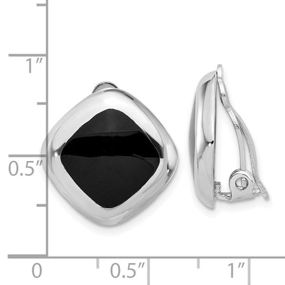 Sterling Silver Rhodium Plated Black Onyx Square Non-Pierced Earrings