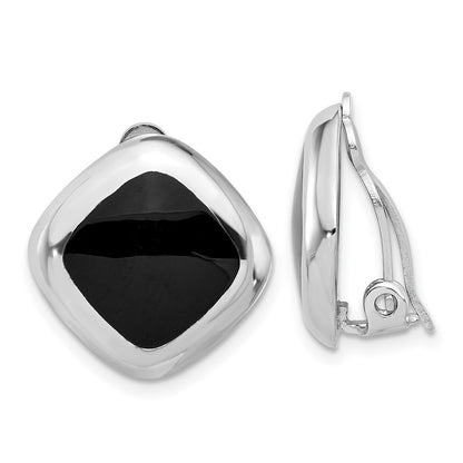 Sterling Silver Rhodium Plated Black Onyx Square Non-Pierced Earrings