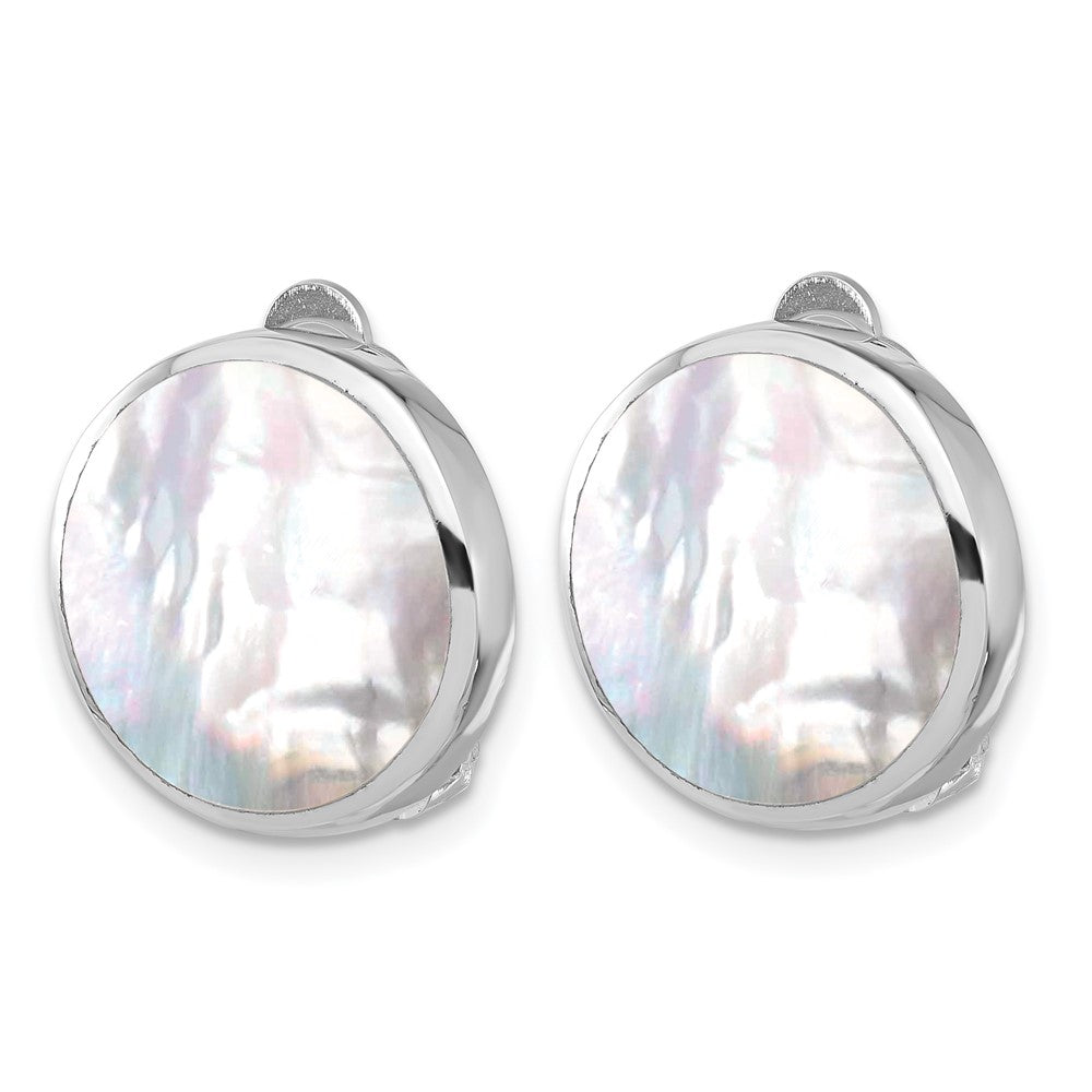 Sterling Silver Rhodium Plated Mother of Pearl Round Non-Pierced Earrings