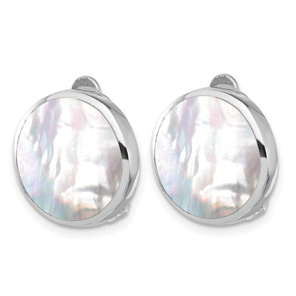 Sterling Silver Rhodium Plated Mother of Pearl Round Non-Pierced Earrings
