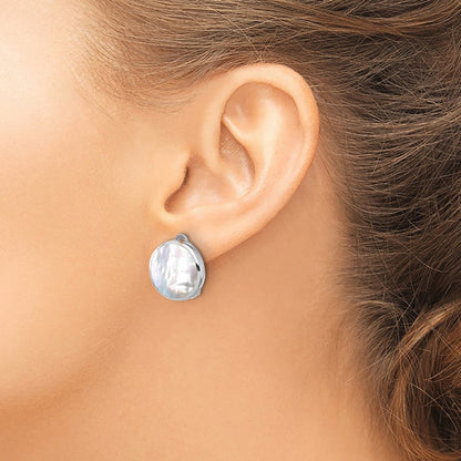 Sterling Silver Rhodium Plated Mother of Pearl Round Non-Pierced Earrings