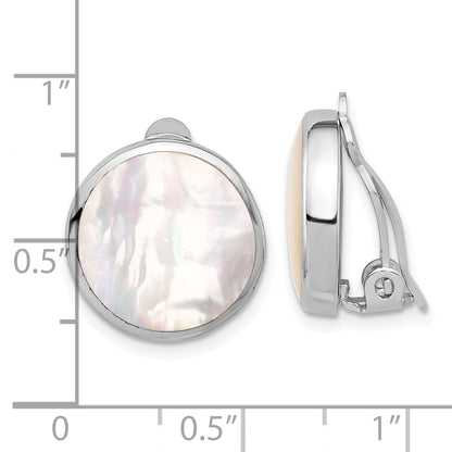 Sterling Silver Rhodium Plated Mother of Pearl Round Non-Pierced Earrings