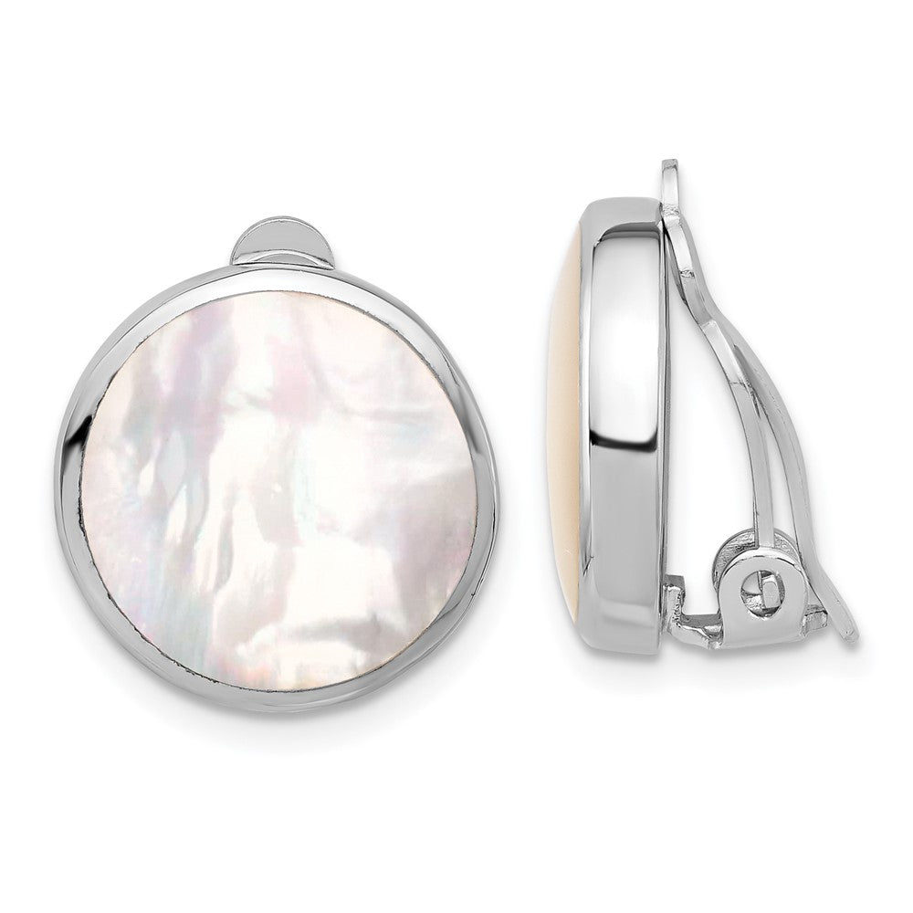 Sterling Silver Rhodium Plated Mother of Pearl Round Non-Pierced Earrings
