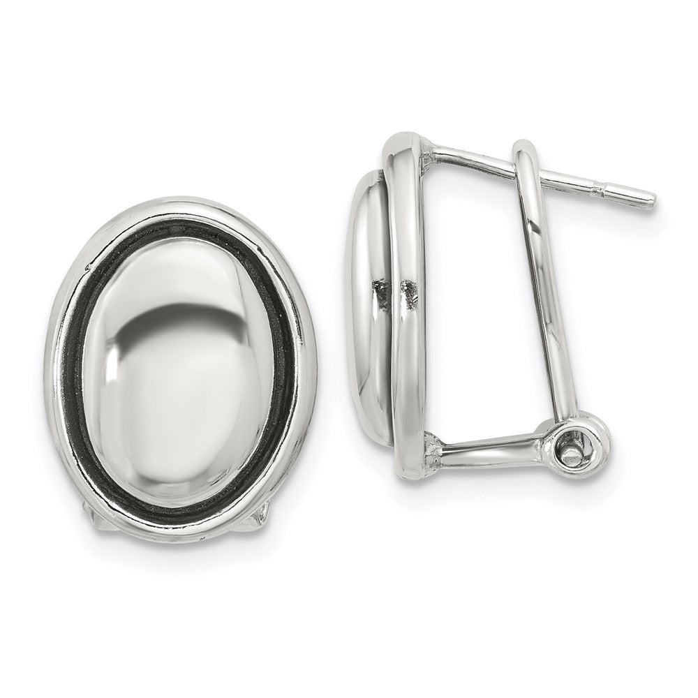 Sterling Silver Polished and Antiqued Oval Omega Back Earrings