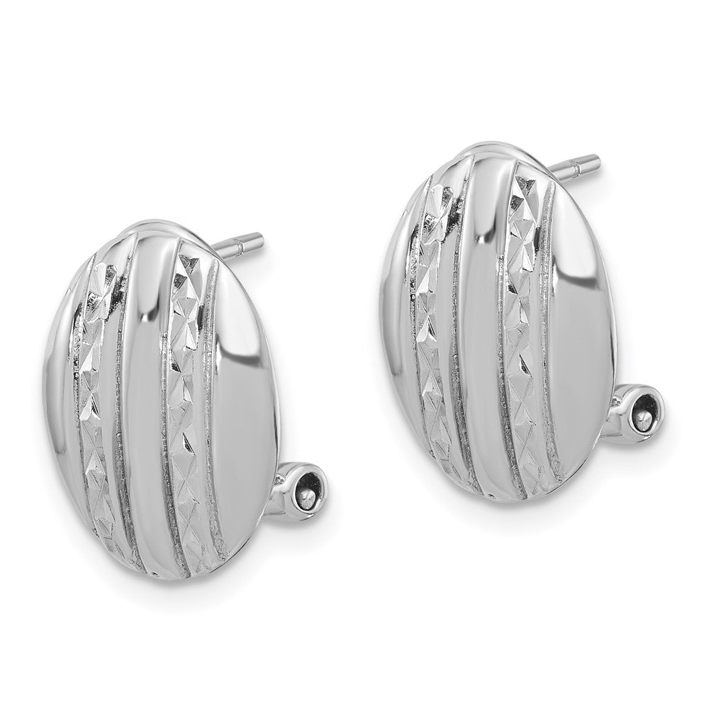 Sterling Silver Rhodium Plated Polished Textured Oval Omega Back Earrings