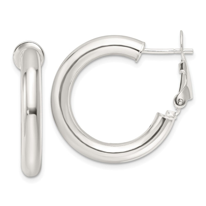 Sterling Silver Polished 25.5x4mm Omega Back Round Hoop Earrings